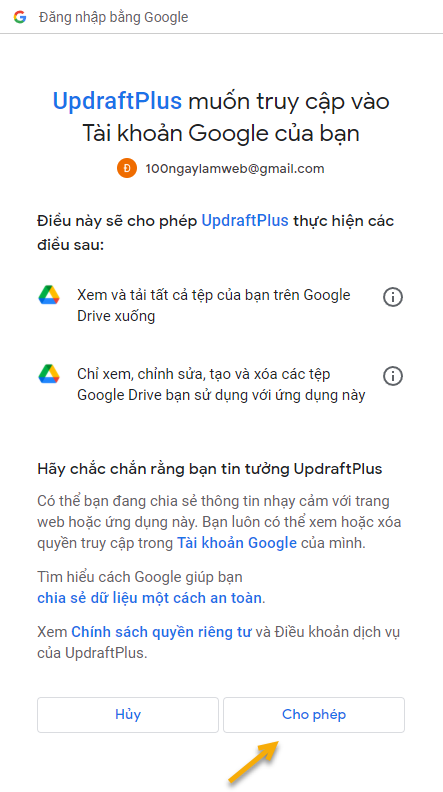Cho phép UpdraftPlus quản lý Google Drive